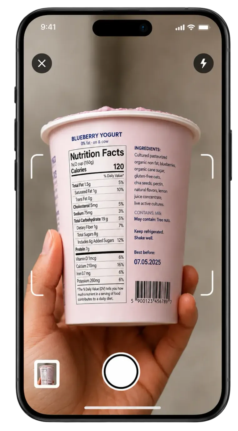 Scanning a blueberry yogurt nutrition label