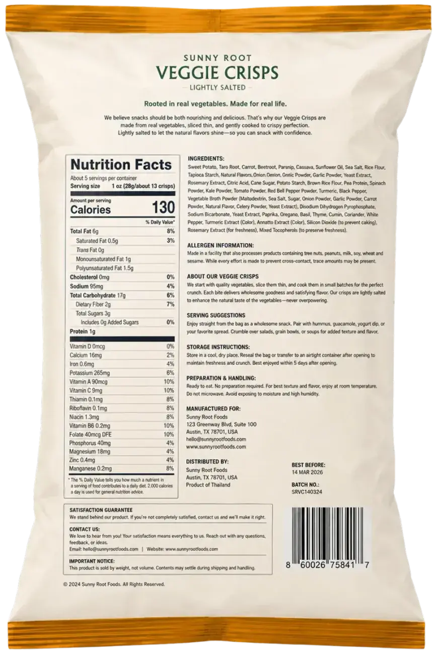 A veggie crisps bag with a dense nutrition label