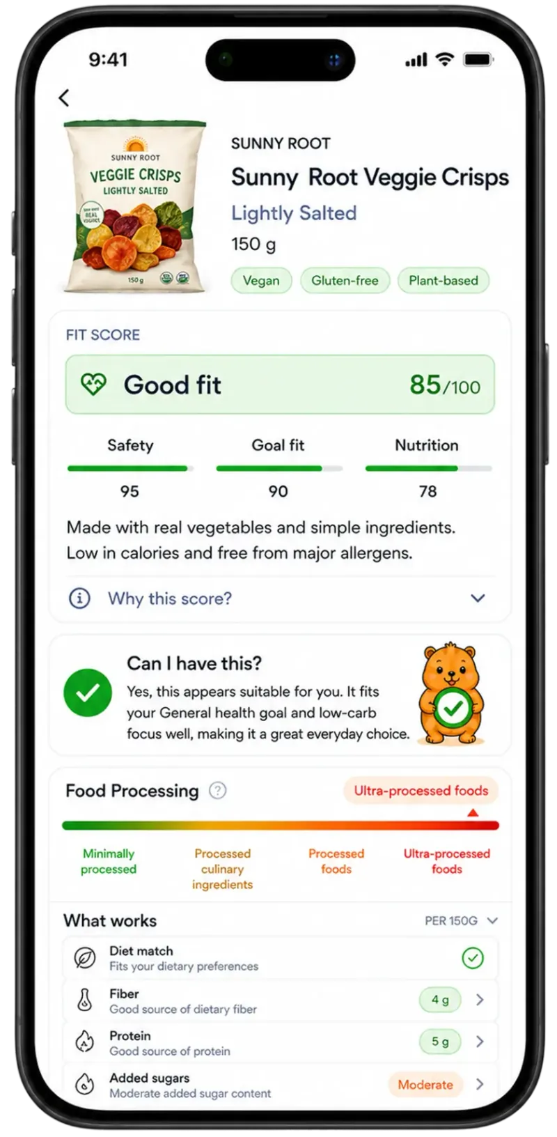 Chozr app showing a personalized product score